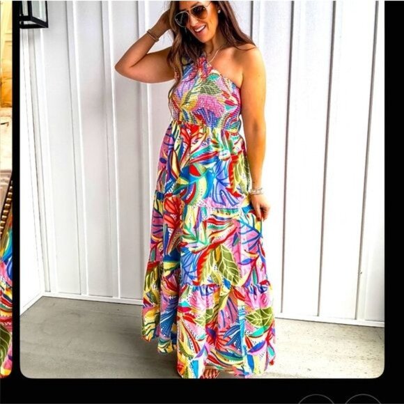 Colorful One-Shoulder Maxi Dress with Vibrant Tropical Print Size Medium - Picture 3 of 3